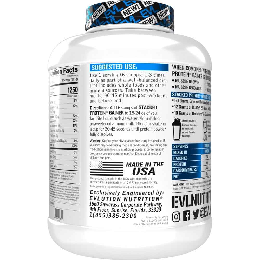 Evlution Nutrition Stacked Protein Gainer, 50 Grams Whey Protein Powder Complex, 250 Grams Carbohydrates, Build Muscle, Recovery, Post Workout, Gluten-Free - 6 lb