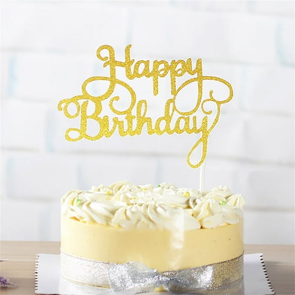 Happy Birthday Cake Topper, Glitter Happy Birthday Cake Pick Bunting Decor for Anniversary Celebrating Happy Birthday Party Cake Decorations Supplies Gold, 1 Pcs, 5.51x3.74"