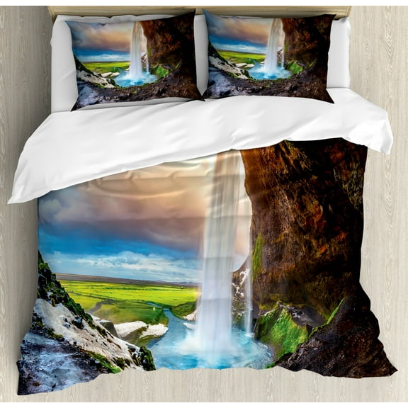 Iceland Duvet Cover Set Queen Size, Seljalandsfoss Waterfall During Sunset Scenery Cloudscape Wilderness, Decorative 3 Piece Bedding Set with 2 Pillow Shams, Multicolor, by Ambesonne