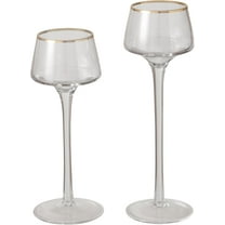 2 Piece Long Stemmed  Clear Glass Candle Holders, Metallic Gold Rims
