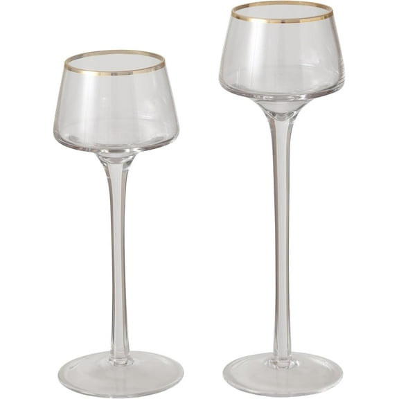 2 Piece Long Stemmed  Clear Glass Candle Holders, Metallic Gold Rims