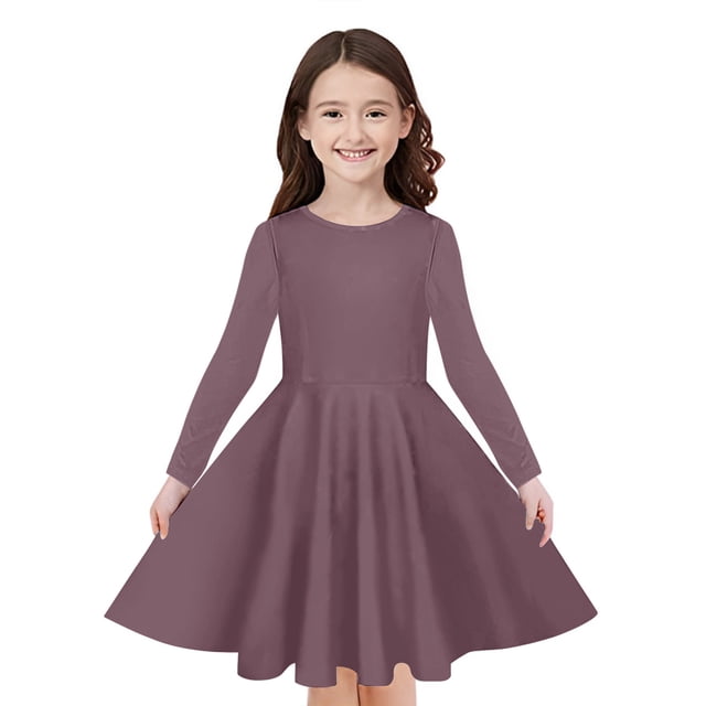 Odeerbi Niñas Manga Larga A-Vestido de Manga Larga Para Niñas Vestido Acampanado de Primavera Vestido Elástico de Colores Sólidos Vestido de Patinadora Twirly Vestido de Recital Escolar