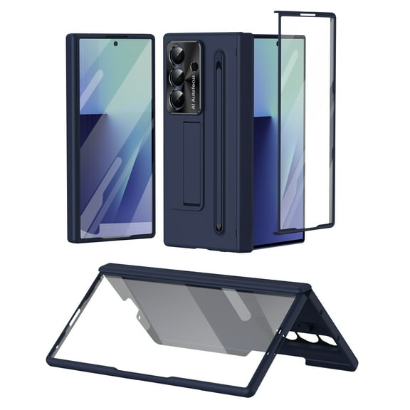 Designed for Samsung Galaxy Z Fold 6 Phone Case,With Invisible Kickstand,with Stylus,Built-in Tempered Glass Screen Protector,Hinge Protector,Shockproof Anti-fall Rugged Phone Case,Blue