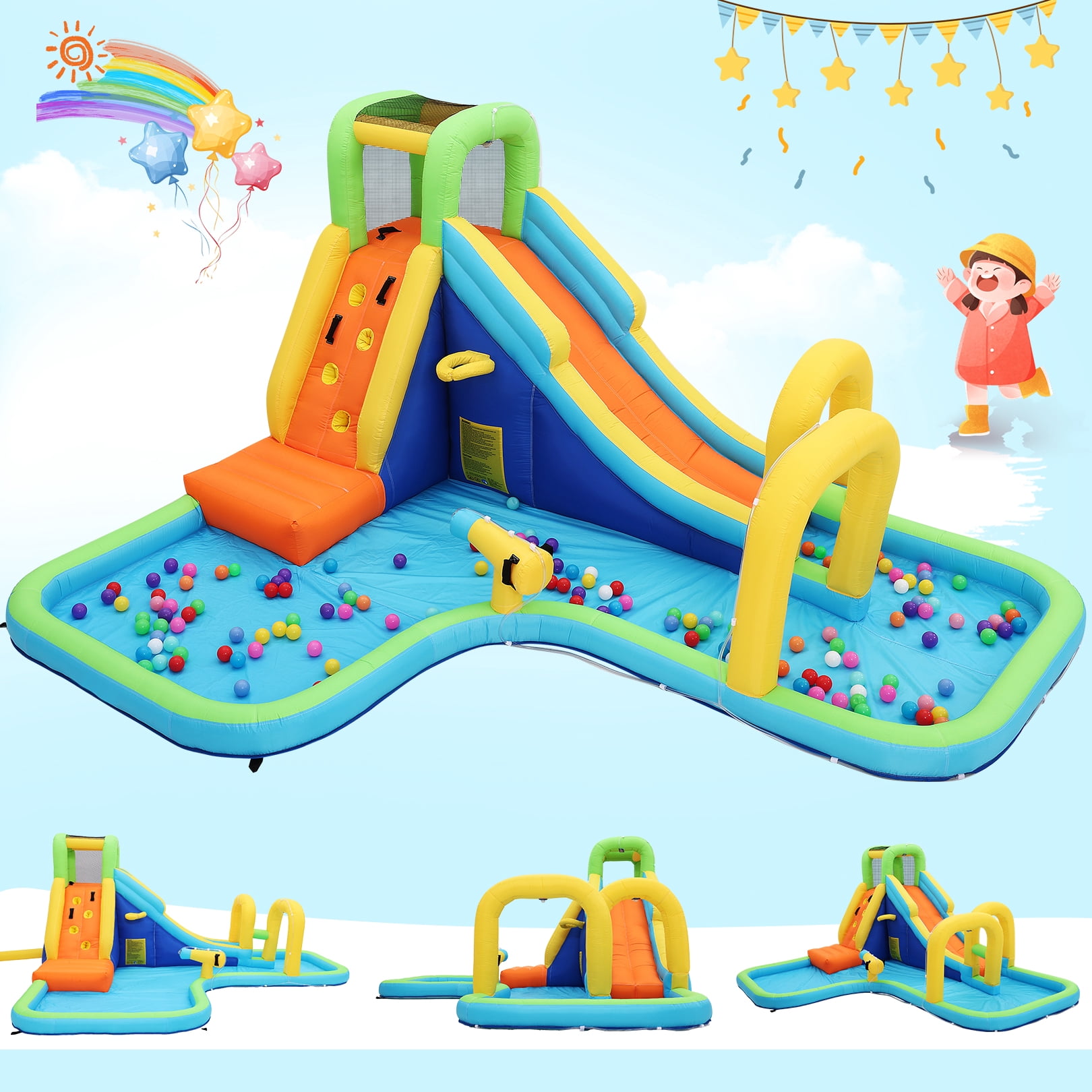 Funcid Inflatable Water Slide Bounce House for Kids, Dual Slides & Double Splash Pools, Ring Toss & Water Cannon, Arch & Overhead Sprinkler, Indoor Outdoor Play