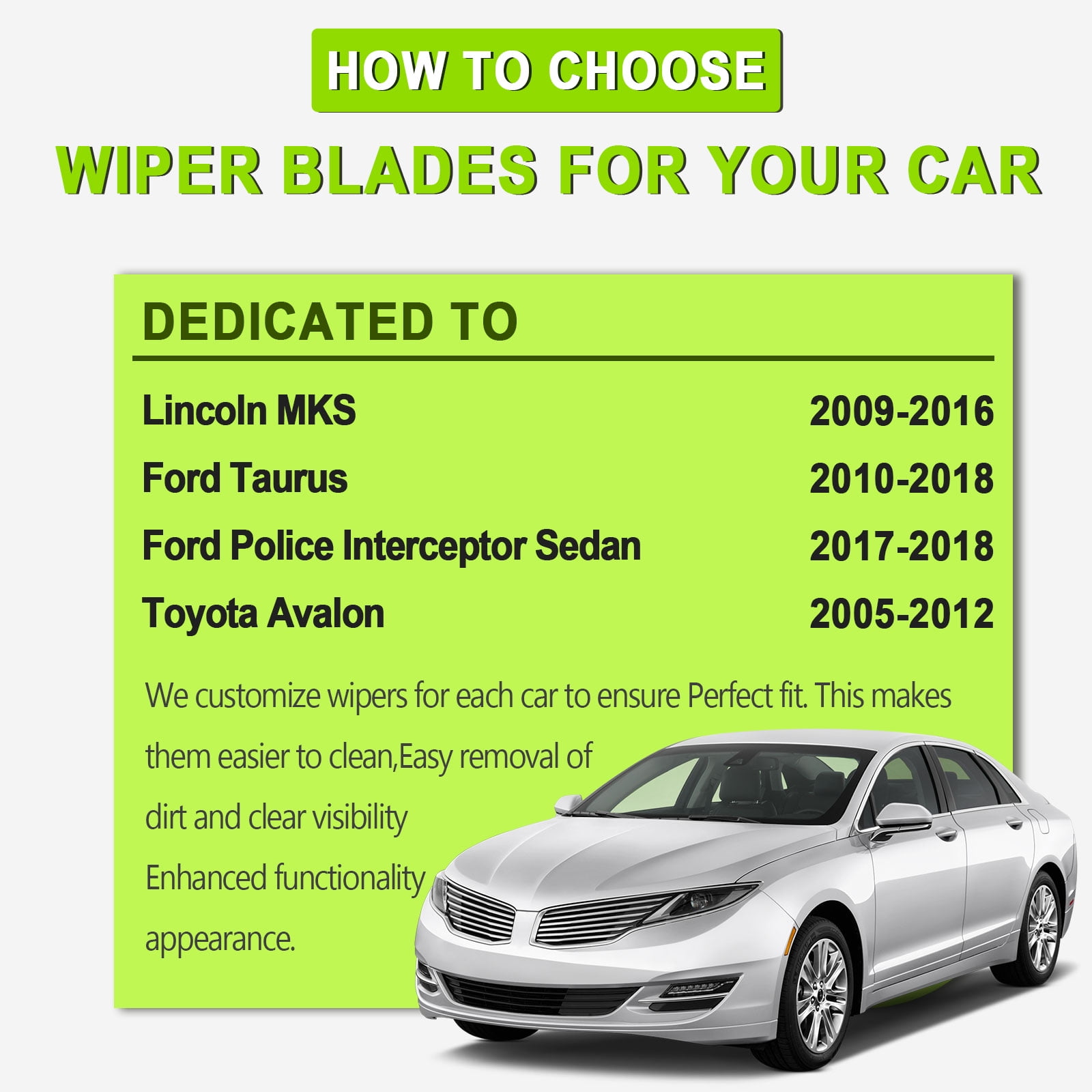 FARRLADI 26"+20" Silicone Windshield Wipers Replacement for Lincoln MKS 2009-2016,Ford Taurus 2010-2018,Easy installation,OEM Quality Premium All-Season Front Wiper Blades (2 Pack)