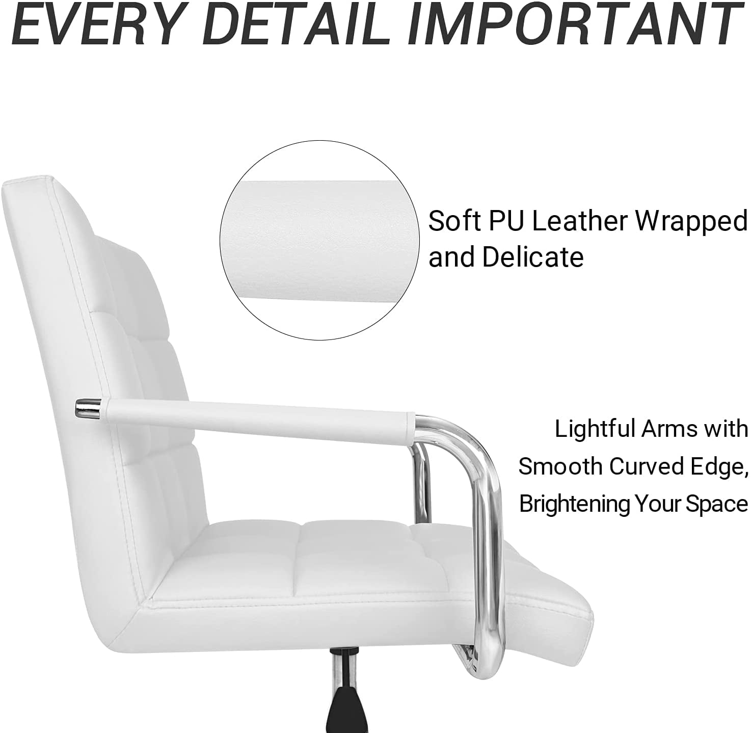 Lacoo Mid-Back Adjustable Office Desk Chair Faux Leather Ribbed Task Chair with Armrest, White