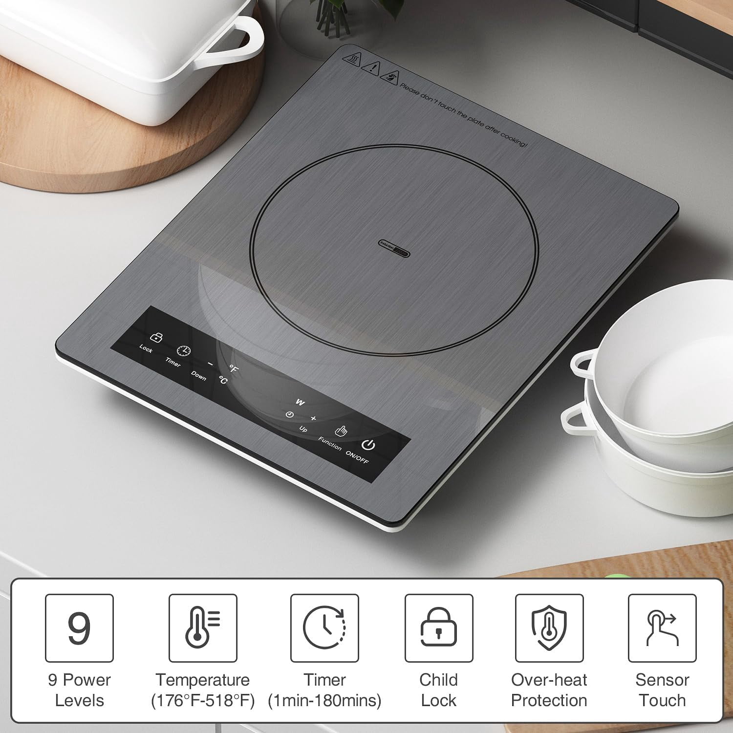VBGK Induction Cooktop Portable 120V Induction Single Burner with Plug, 1800W Countertop Hot Plate for Cooking,199 Minutes & Auto Shutdown Induction Burner,Child Lock Electric Burner