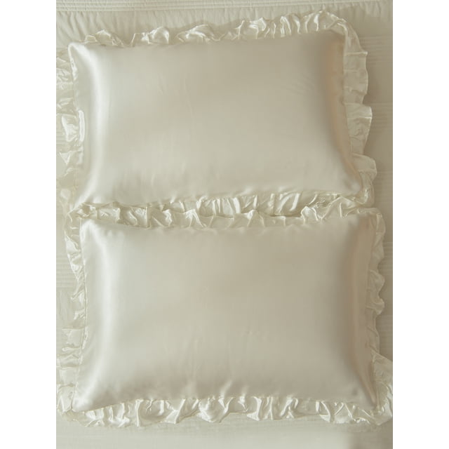 MOVE OVER White Ruffle Pillowcases King, Silky Satin Pillow Cover Set of 2, Luxury Satin Ruffle Pattern, 2 Pack