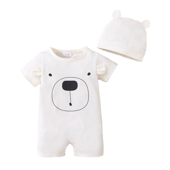 KIMI BEAR Newborn Baby Boys Outfits 0 Months Newborn Boy Spring Summer Outfits 3 Months Newborn Boy Bear Looking Short Sleeve Onesie Jumpsuit   Hat 2PCS Set White