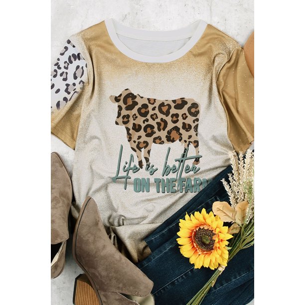 ABPHQTO Camiseta de manga corta con estampado gráfico de letras de animales de leopardo occidental caqui para mujer