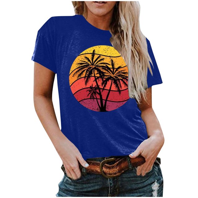 RKSTN T-Shirts Graphiques pour Femmes Col Rond Manches Courtes Blouse de Plage Hauts Aguichant Impression Régulière Chemises