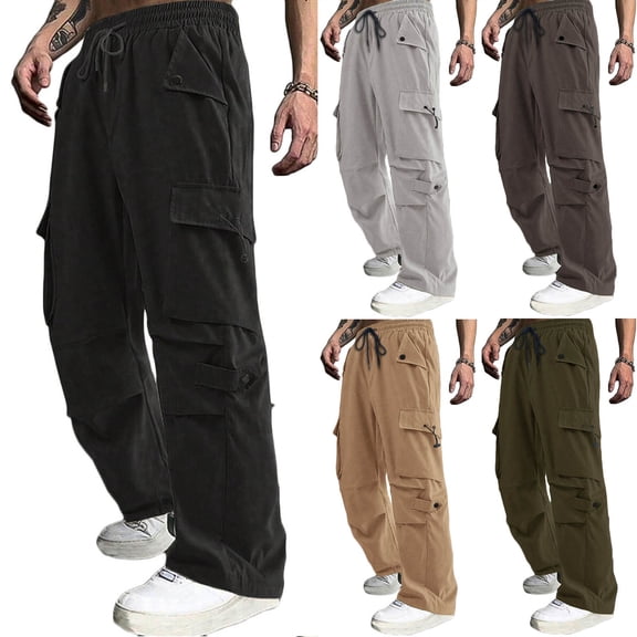 Fewfanhot Pants for Men Casual Baggy Cargo Pants Loose Fit Joggers Drawstring Trouser with Pockets