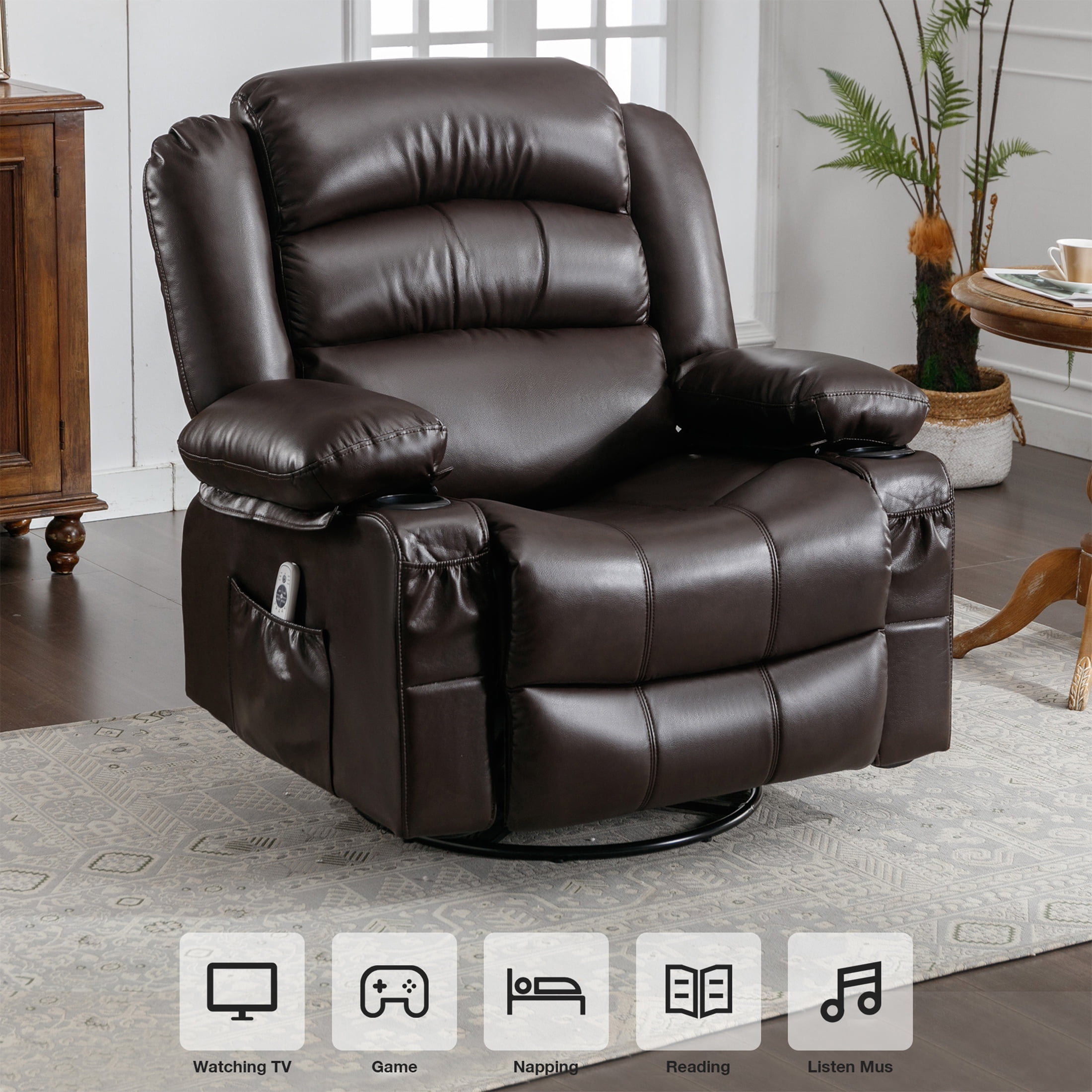 UHOMEPRO Massage Swivel Rocker Recliner Chair, PU Leather Rocking Sofa Home Recliner with Side Pockets Cup Holder and USB Charge Port, 360-degree Rotation, 30-degree Rocking, Brown