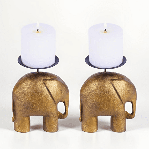 Gold Elephant Candle Holder Set of 2 – 4-Inch Taper & Small Pillar Candlestick Holders for Holiday Décor, Halloween & Christmas Table Centerpieces