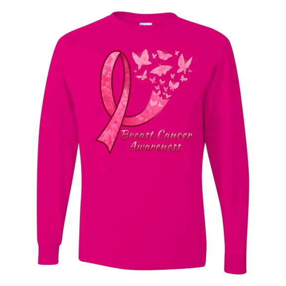 Inktastic Breast Cancer Awareness Ribbon and Butterflies Long Sleeve T-Shirt