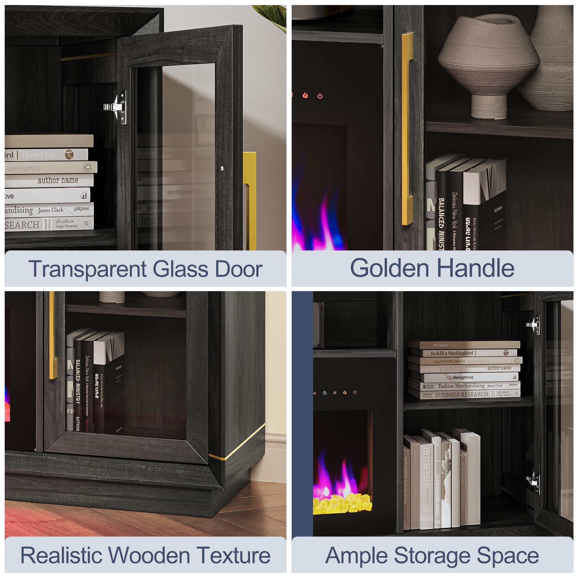 BELLEZE 74-Inch TV Stand with 42" Electric Fireplace, Entertainment Center For TVs Up To 85", Storage Cabinet with Glass Door & Metal Handle for Living Room, Bedroom - Sienna (Black Ebony)