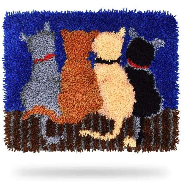 Finphoon Kits de Gancho de Pestillo para Adultos Kit de Alfombra de Gancho de Pestillo de Gato DIY para Niños Principiantes 20 * 15 Pulgadas Alfombra con Estampado Colorido Decoración de Bordado de Hi