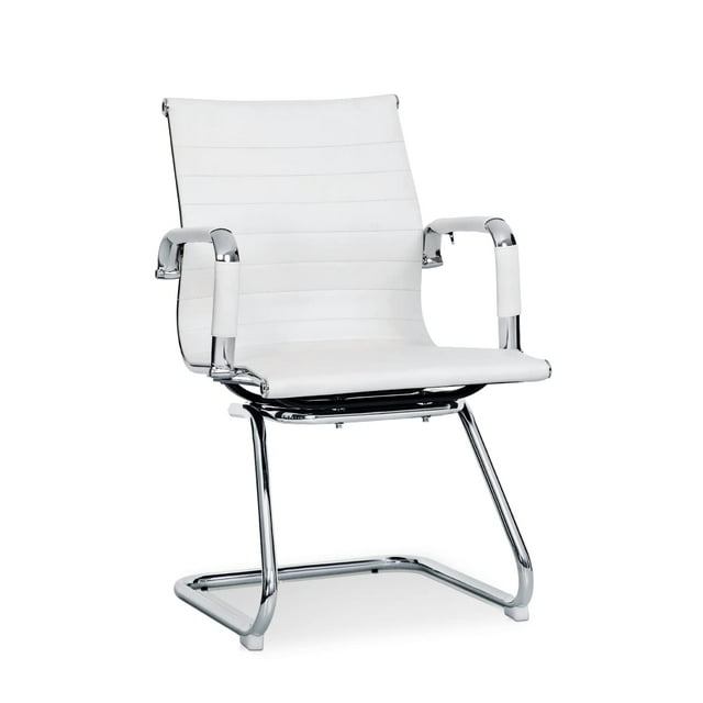 MoNiBloom PU Leather Office Guest Chair for Waiting Room, Mid Back Chairs with Sled Base and Armrest Home Computer Chairs for Reception Desk Lobby Patient Conference Room, White