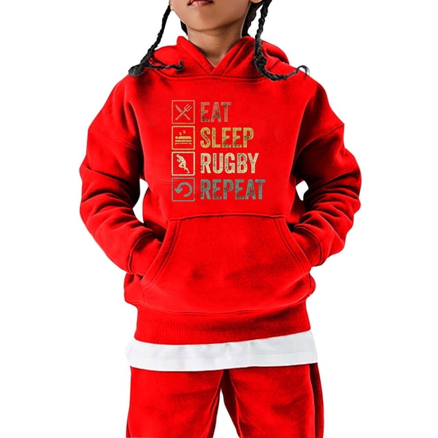 BXUIDJG Girls Sweatshirt Cute Relaxed Fit Tops Football Fans Sports Gift Teen Rugby Player Retro Letter Printed Loose With Pocket Sweatshirt Cute Trendy Pullover Red 5-6 T
