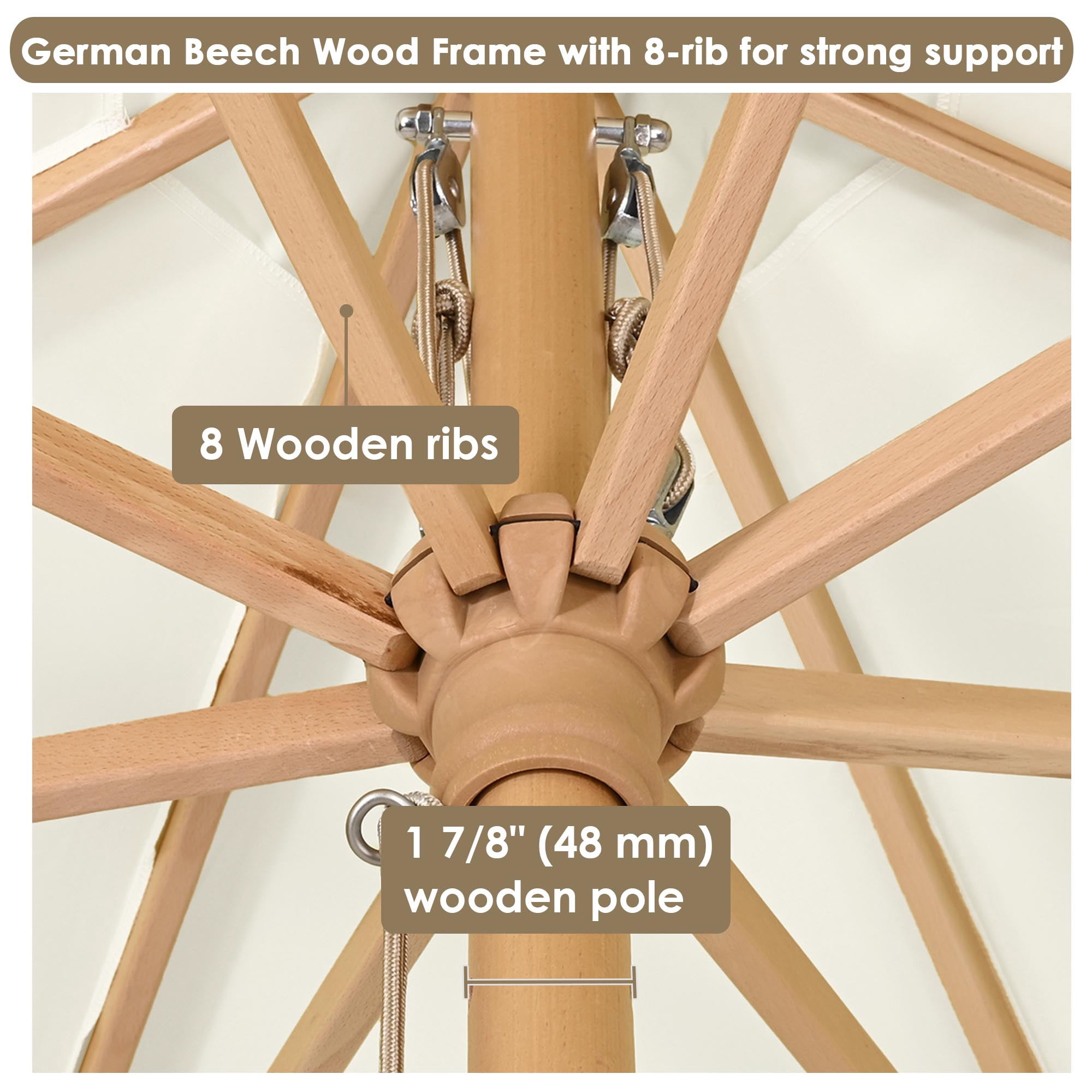 Yescom 13FT Large Wooden Outdoor Patio Umbrella Solid German Beech Pole Rope Pulley Lift for Deck Pool Backyard Garden Market Beach Parasol,Ivory