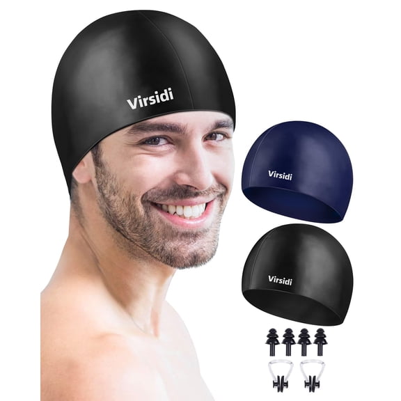 Virsidi 2 Pack Silicone Swim Cap for Men Women, Unisex Adult Swimming Caps for Short/Long Hair to Keep Hair Dry, Waterproof Bathing Caps for Swimming with Ear Plugs & Nose Clip Set
