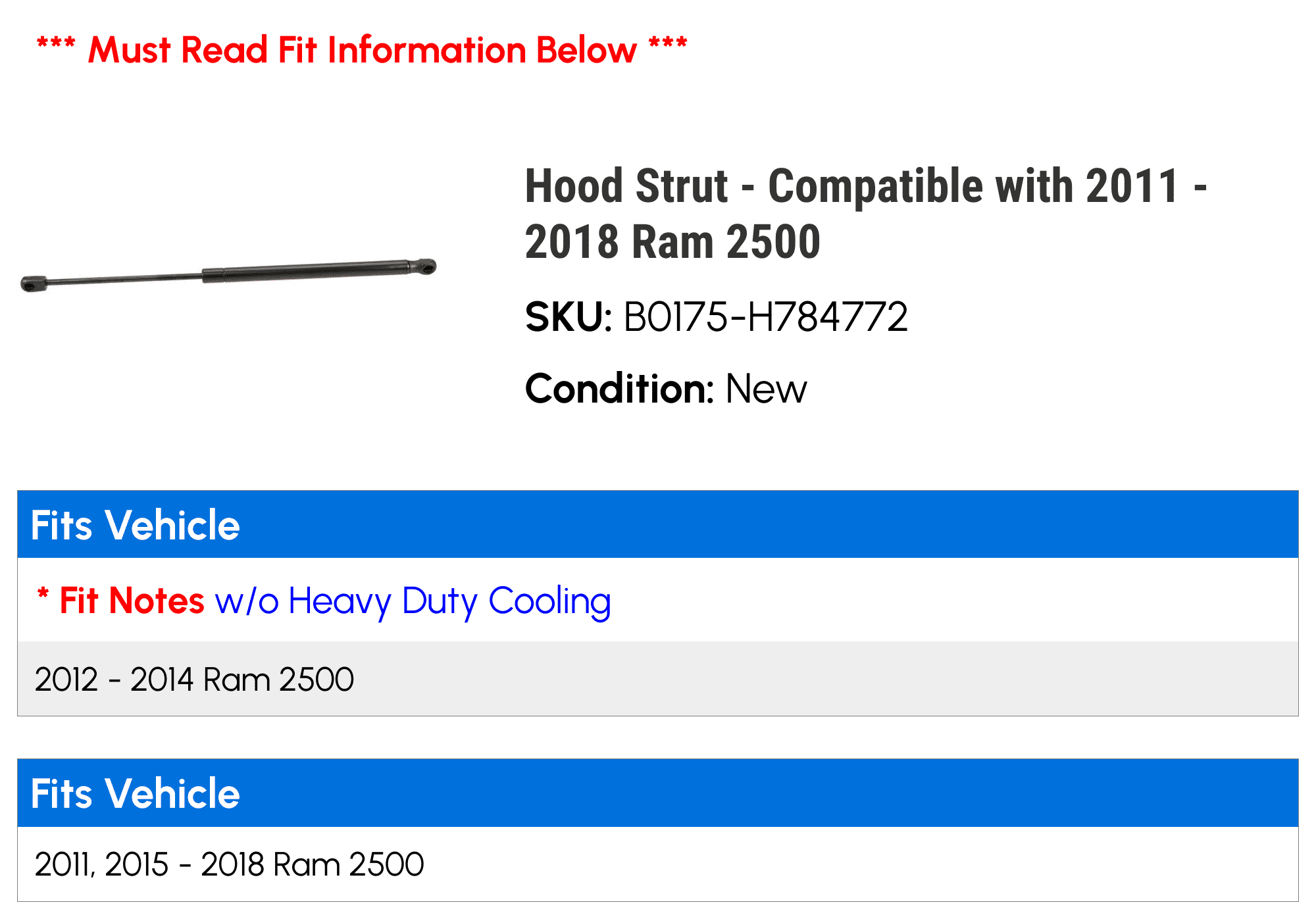 Hood Strut - Compatible with 2011 - 2018 Ram 2500 2012 2013 2014 2015 2016 2017