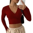 thumbnail image 2 of miqiqism Clearance Sale!Solid Slim Tee Women Sexy V Neck Knitted Blouses Fall Crop Shirts Long Sleeve Basic Tops,Wine,3X-Large, 2 of 6