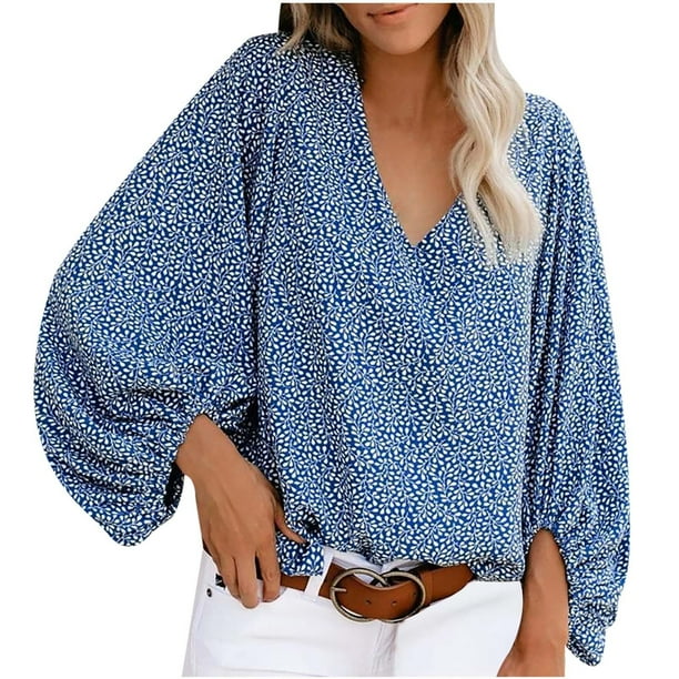 Camisa holgada y cómoda con cuello en V para mujer Top de manga farol con estampado floral Fridja hj3529