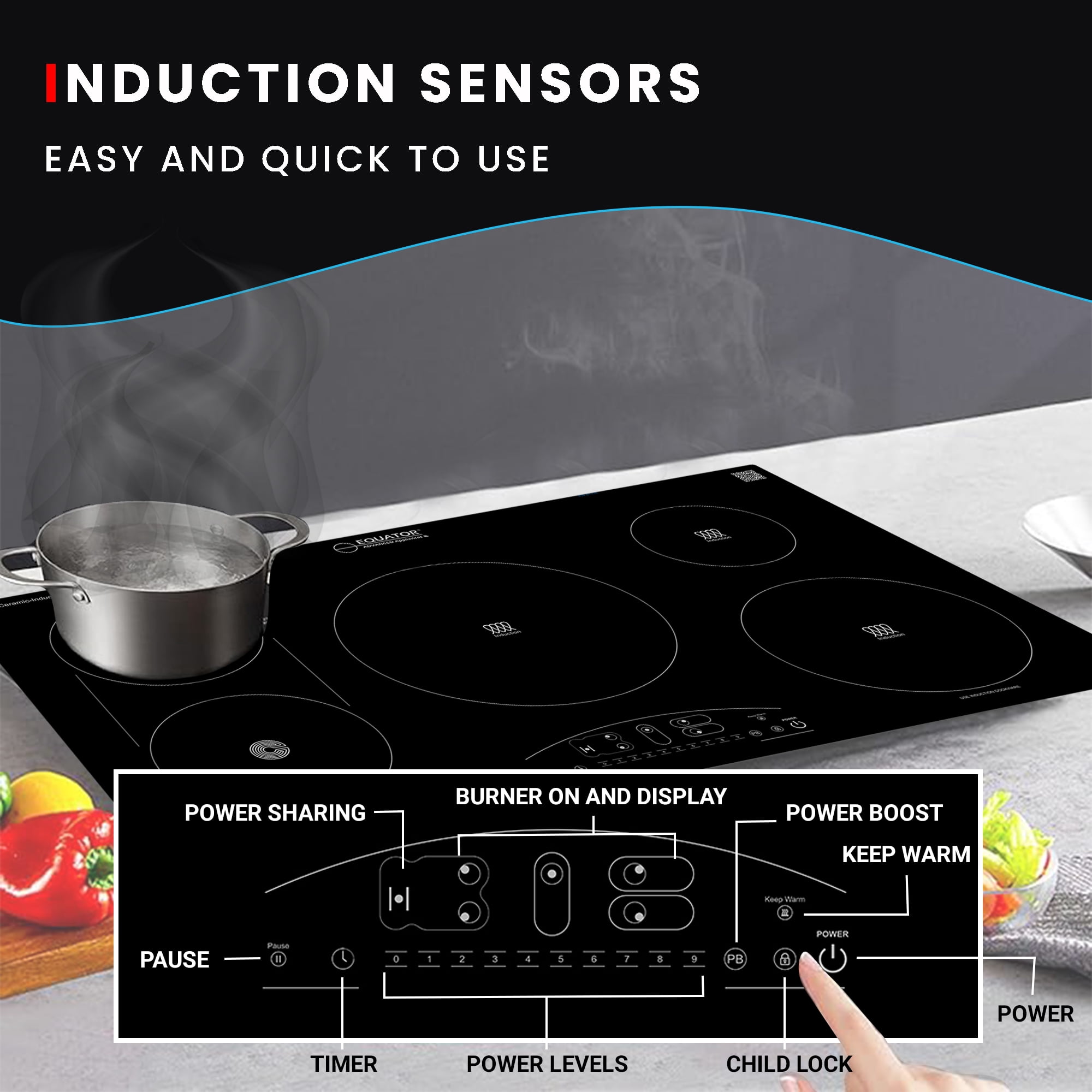 Equator 36" Electric Hybrid CERAMIC-INDUCTION 5 Burner Cooktop 9 Power 220V in Black