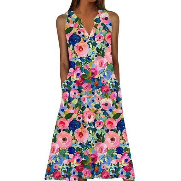 MIUOWANP Women's Summer Casual Dresses Fashion Floral Printing Pocket Sleeveless V-Neck Long Dress for Daily Wear Multicolor XXXXXL