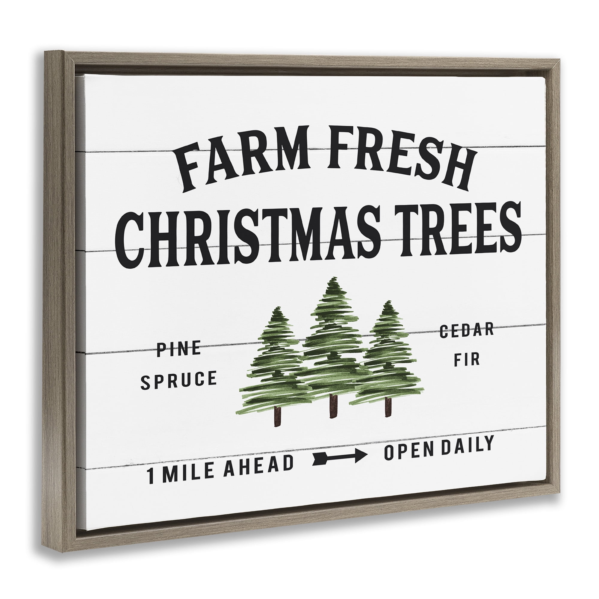 Stupell Industries White Farmhouse Christmas Tree Sign Holiday Painting Brown Floater Framed Canvas Art Print Wall Art, 21 x 17
