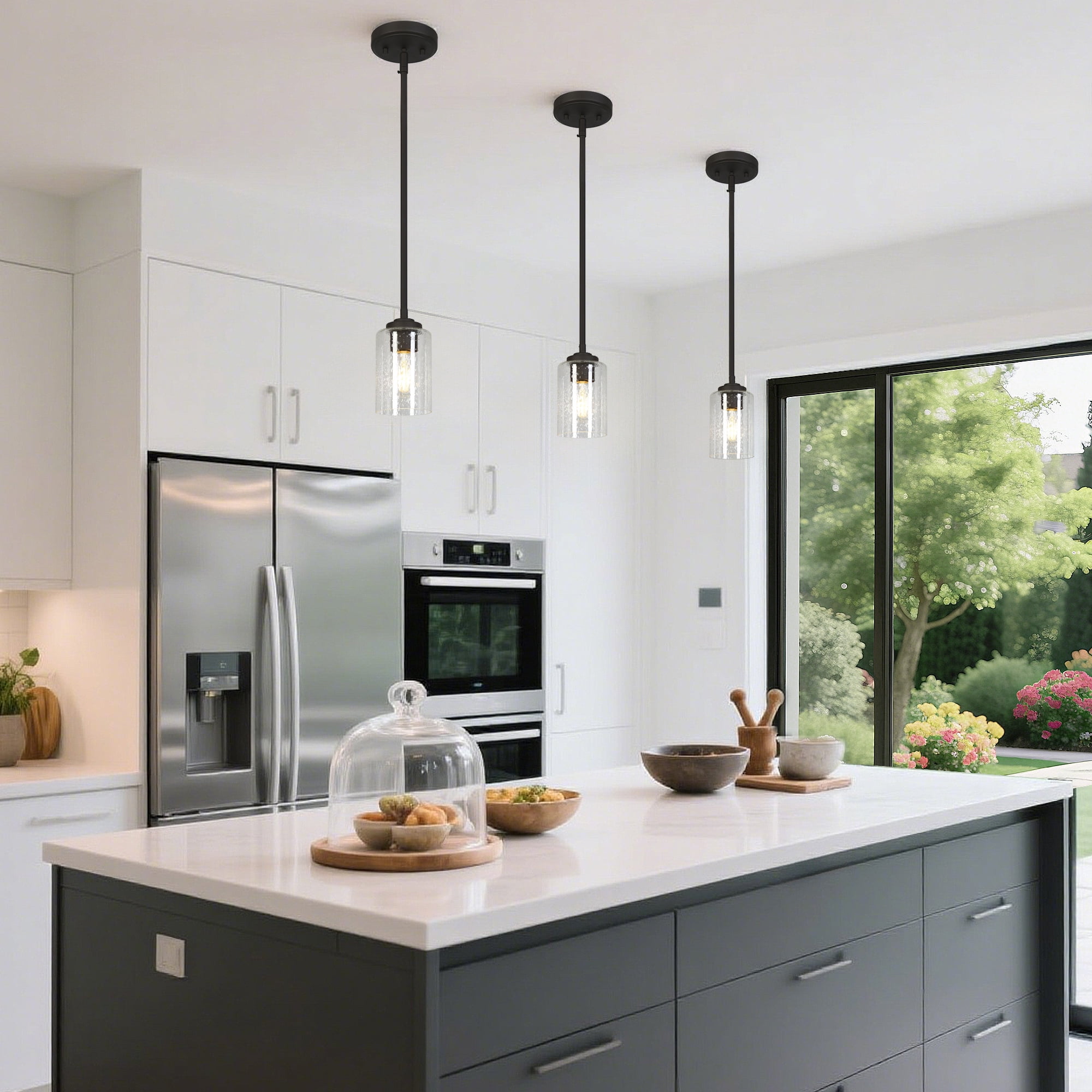 LNC 1-Light Mini Pendant Light,Seeded Glass,60W Medium Base,Dimmable,Adjustable Height,for Kitchen Island,Sink