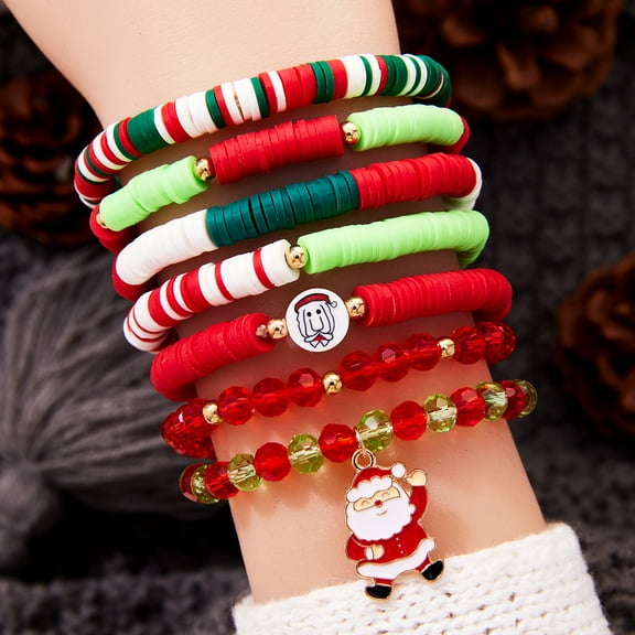 NICKSUN 7Pcs Christmas Bracelets Santa Claus Stretch Charm Beaded Stackable Bracelet for Women