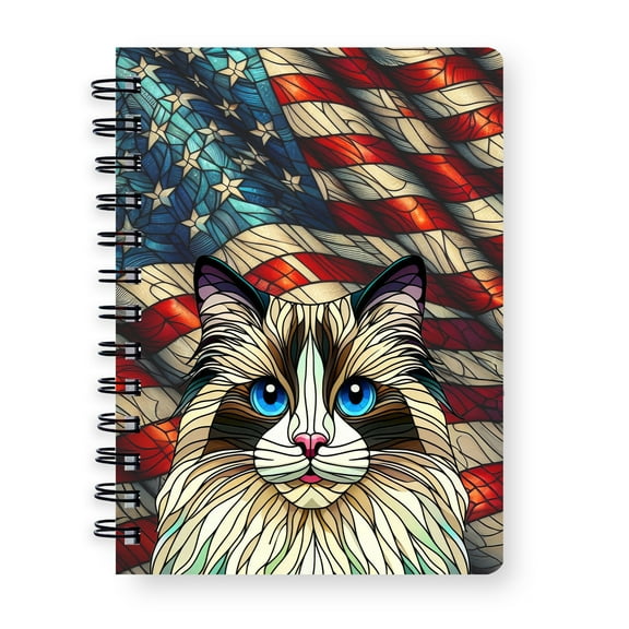 Patriotic Ragdoll Stained Glass Portrait American Flag Spiral Bound Journal Cat Lover Kitten Owner Gifts Idea 5x7in Spiral Notebook - 01010