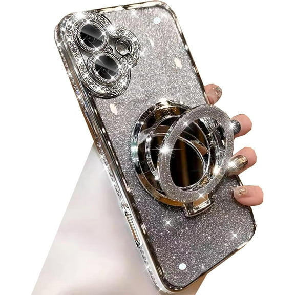Magnetic Kickstand Glitter Case for iPhone 16,[Compatible with Magsafe] Bling Sparkly Rhinestone with Camera Protector Makeup Mirror Soft TPU Bumper Women Girls Case for iPhone 16 6.1",Silver