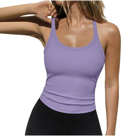 Women Spaghetti Strap Scoop Neck Ribbed Tank Tops Slim Fitted Cotton Camisole Basic Sleeveless Layering Shirts