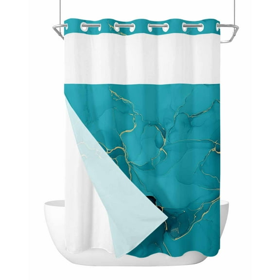 No Hook Cloth Fabric Shower Curtain with Snap in Liner, Turquoise Marble Waterproof Shower Curtains Set with See Through Top Window, Minimalist Abstract Golden Fluid Art Bath Curtains Shower 48"x72"