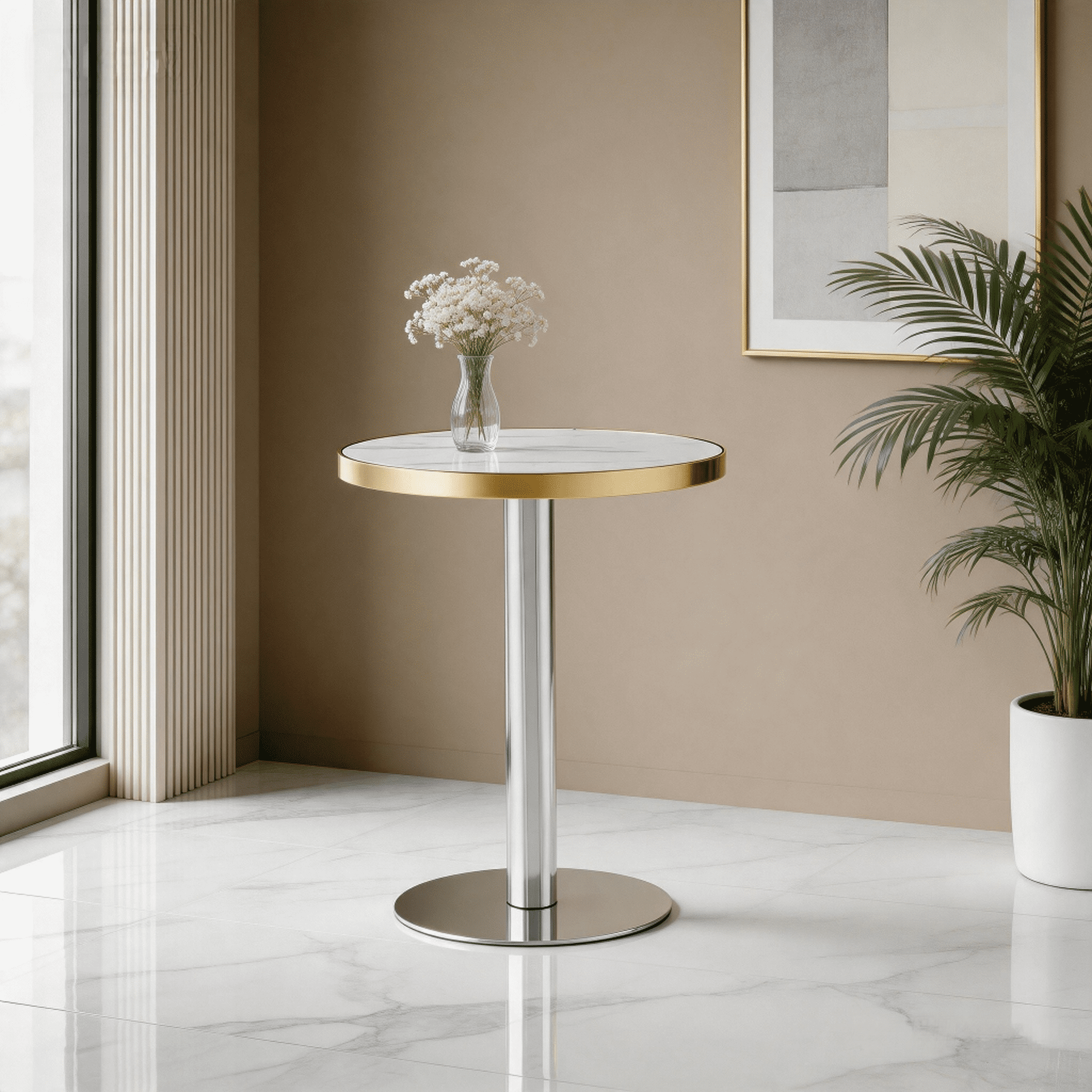 23.6" Round Light Luxury Coffee Table, UV Paint MDF Marble Texture Countertop with Stainless Steel Edging, Sturdy Metal Leg Side Table for Living Room Bedroom Entryway Office
