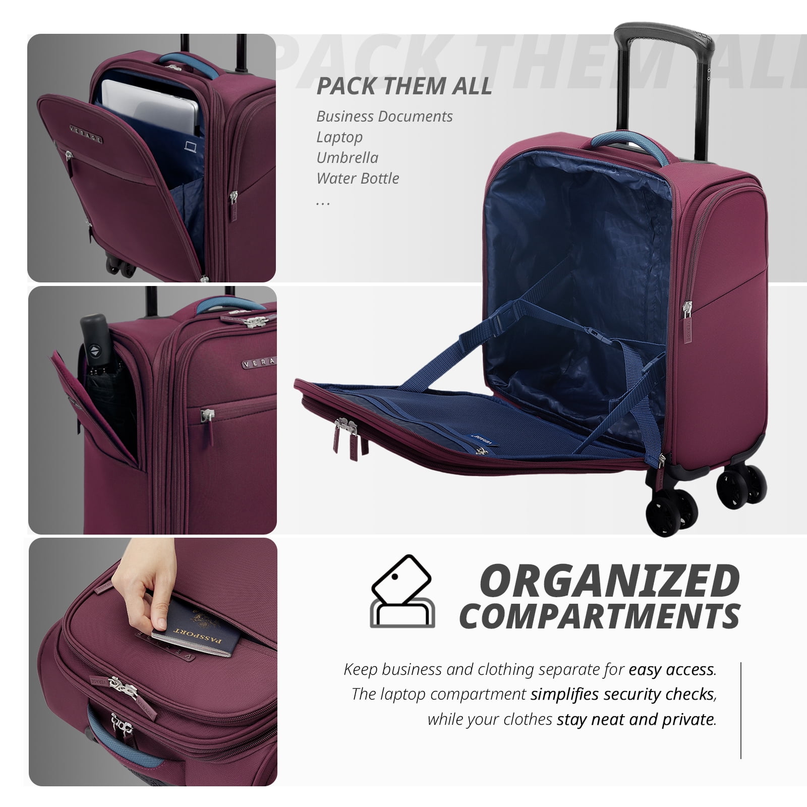 Verage 14-Inch Underseat Carry On Luggage with Spinner Wheels & USB Charging Port, Wheeled Suitcase for Airlines, Lightweight Overnight Bag for Men and Women (14-Inch Compact Underseat Pro)