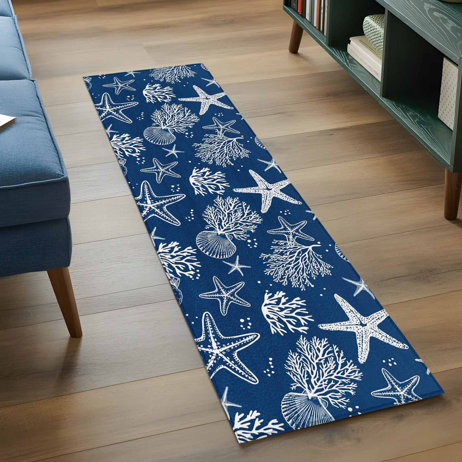 Navy Blue Coastal 2'x6' Runner Rugs for Hallway Kitchen Bedside Non Slip Washable, Nautical Beach Starfish Coral Summer Entryway Rug Runners with Rubber Backing, Long Carpet Runner for Laundry Room