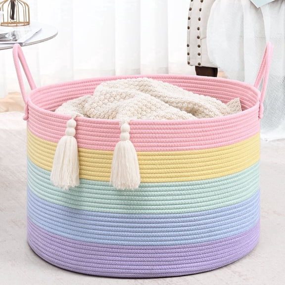 Natubeau 65L Large Cotton Rope Storage Basket, Soft Rainbow Decorative Basket for Living Room & Nursery, Foldable Laundry & Toy Organizer, 20"x20"x13"