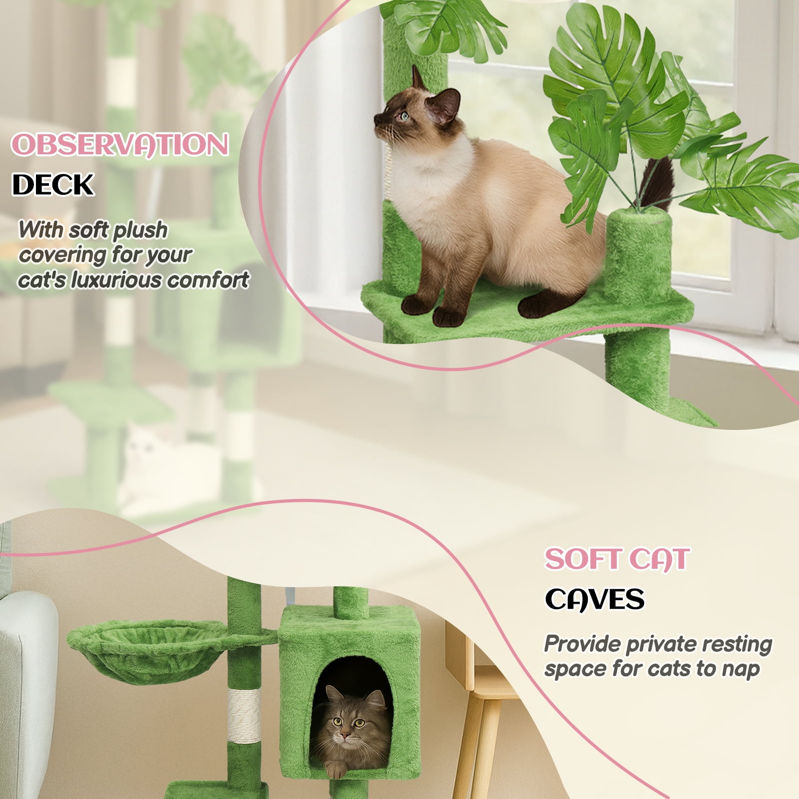 VINGLI Cat Tree, Cat Tower with Leaves, Cat Condo for Indoor Kittens, Cats Activity Center with Cozy Hammock, Sisal Scratching Posts, Green (48 inch)