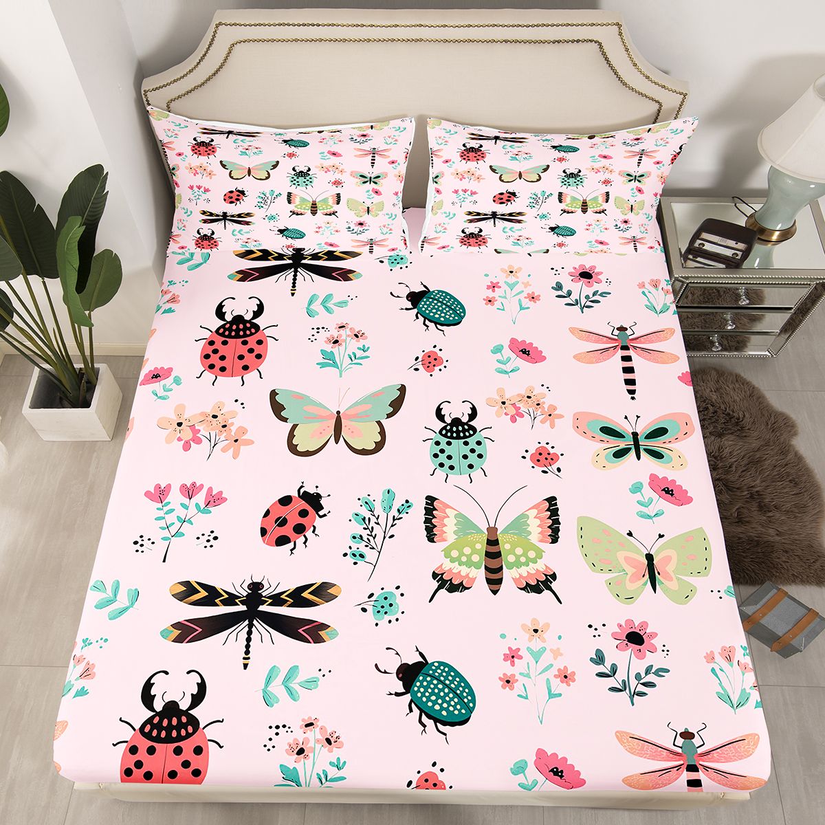 Homewish Cartoon Butterfly Ladybug Queen Sheet Sets, Cute Animal Insect Flat Sheet, Princess Pink Cartoon Queen Fitted Sheet, Super Cozy Room Decor, 4 Pieces