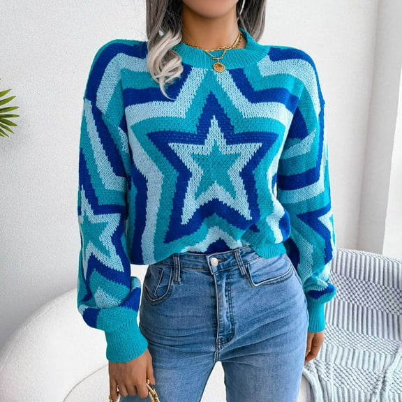 ICHUANYI Women Fashion Crewneck Long Sleeve Sweaters 2023 Fall Winter Oversized Star Print Ribbed Knit Pullover Sweater Top