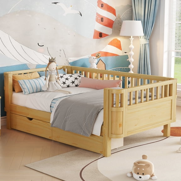 Twin Size Wood Platform Bed for Kids, Wood Low Profile Twin Bed with Rails, Suitable for Girls and Boys,Natural