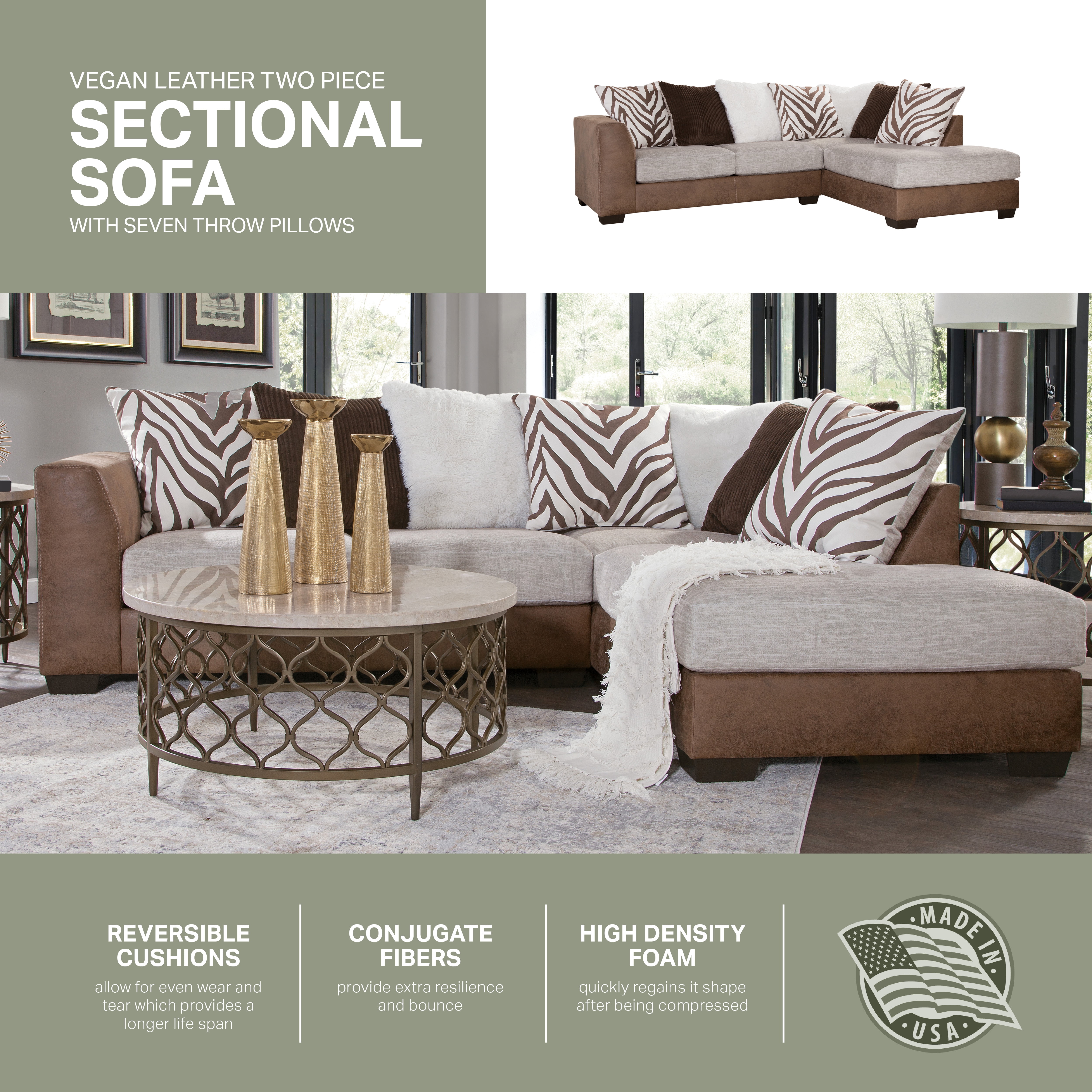 American Furniture Classics Model 8-12-A413V2-K Square Arm Brown and White Two Piece Sectional Sofa with Seven Large Back Pillows