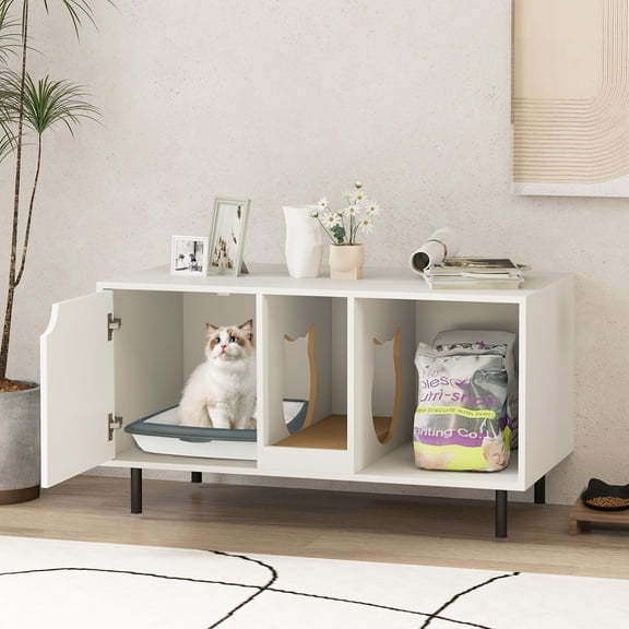 40 Inch Cat Litter Box Enclosure, Hidden Cat Washroom, Side Table, Cat House, White