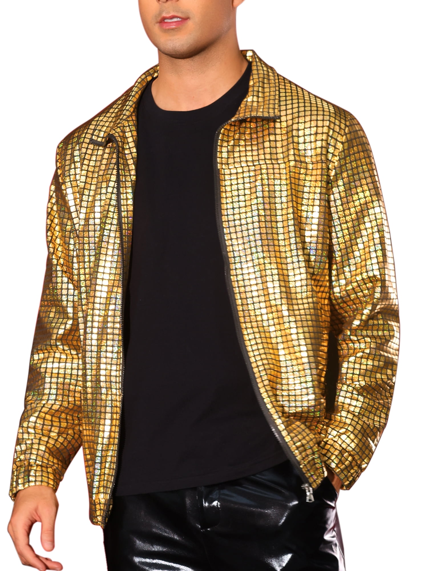INSPIRE CHIC Holographic Jacket for Men's Metallic Long Sleeve Stand Collar Party Disco Shiny Jackets L Golden