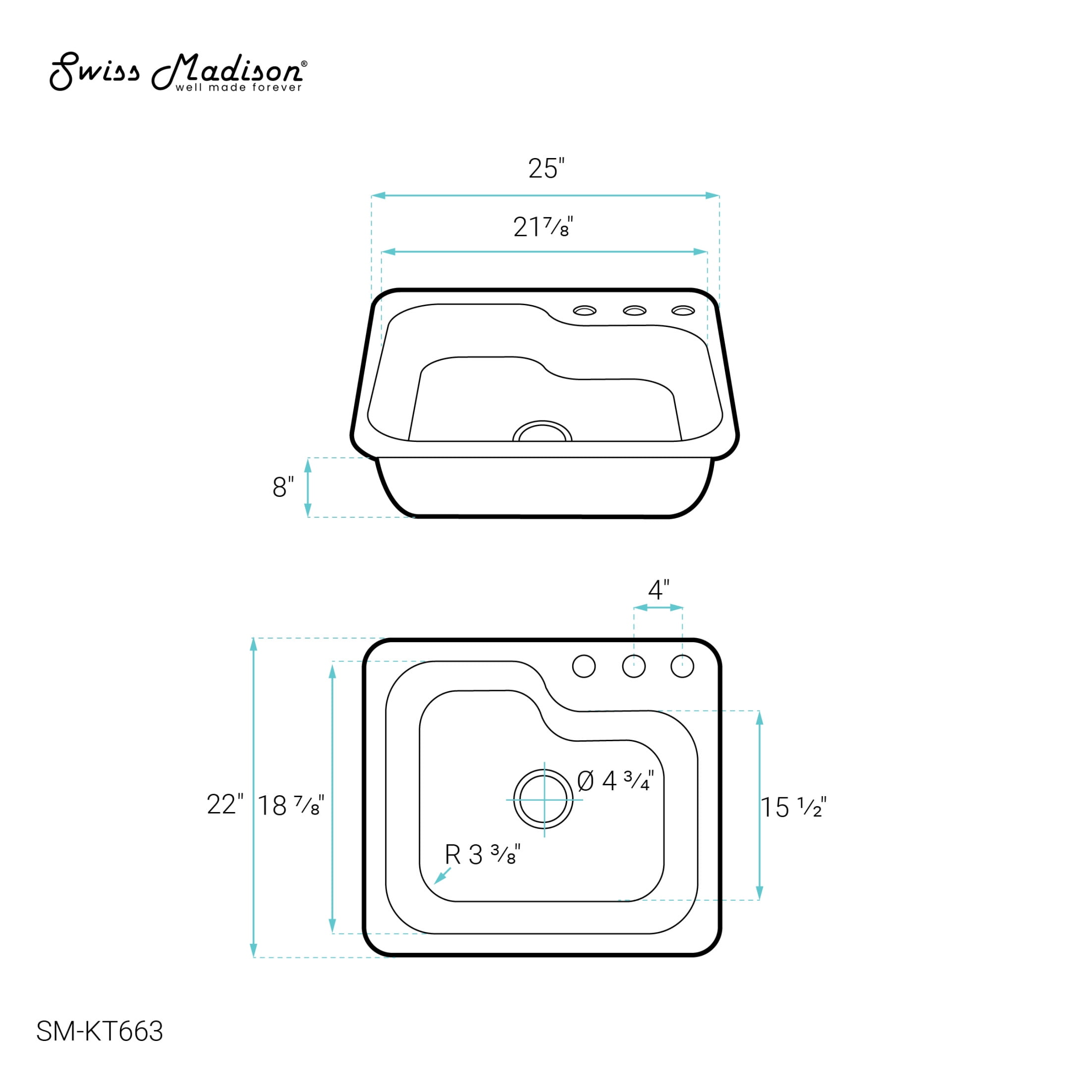 Ouvert 25 x 22 Stainless Steel Single Basin Top-Mount Kitchen Sink