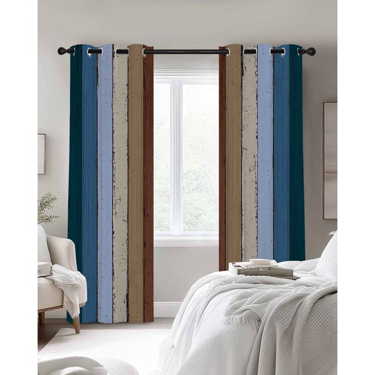 Blackout Curtains Geometric Pattern - 2 Panels, 52x96 Inches, Grommet Top, Modern Blue White Brown Drapes For Bedroom & Living Room